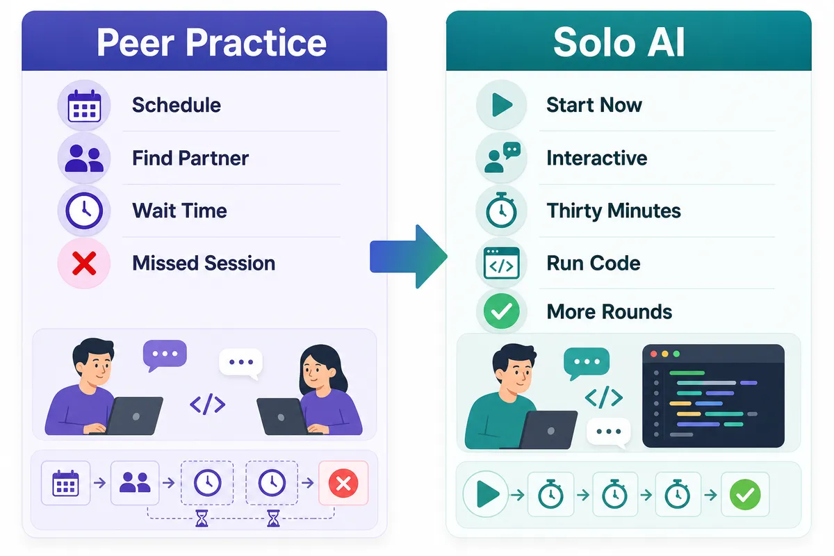 Scheduled peer practice compared with solo AI practice