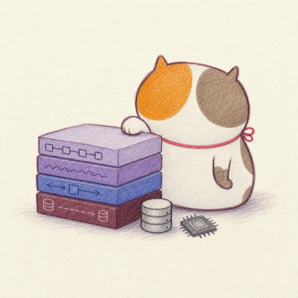 The calico cat resting a paw on a stack of layered slabs, beside a database cylinder and a chip.