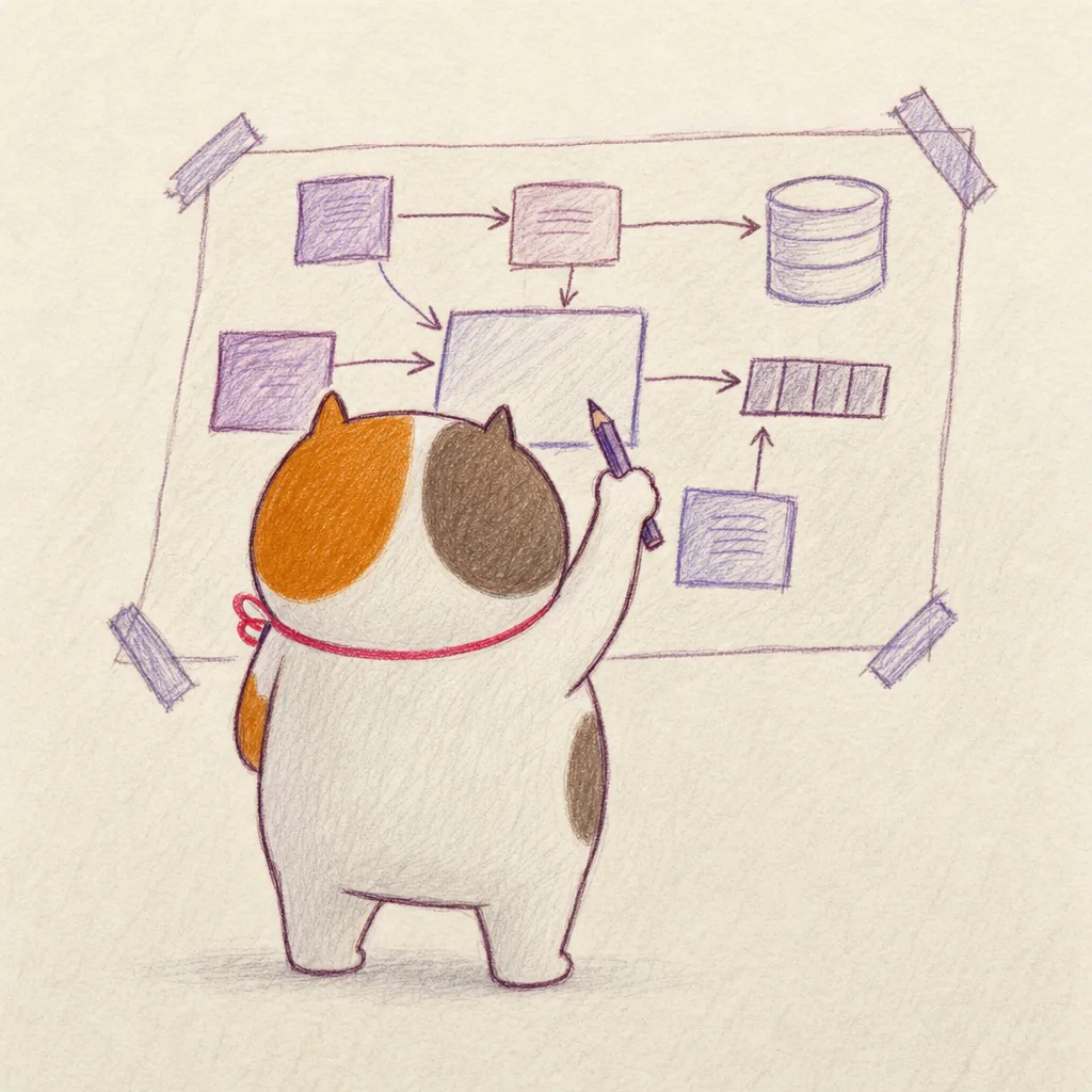 The calico cat drawing a system diagram of boxes, arrows and a database.