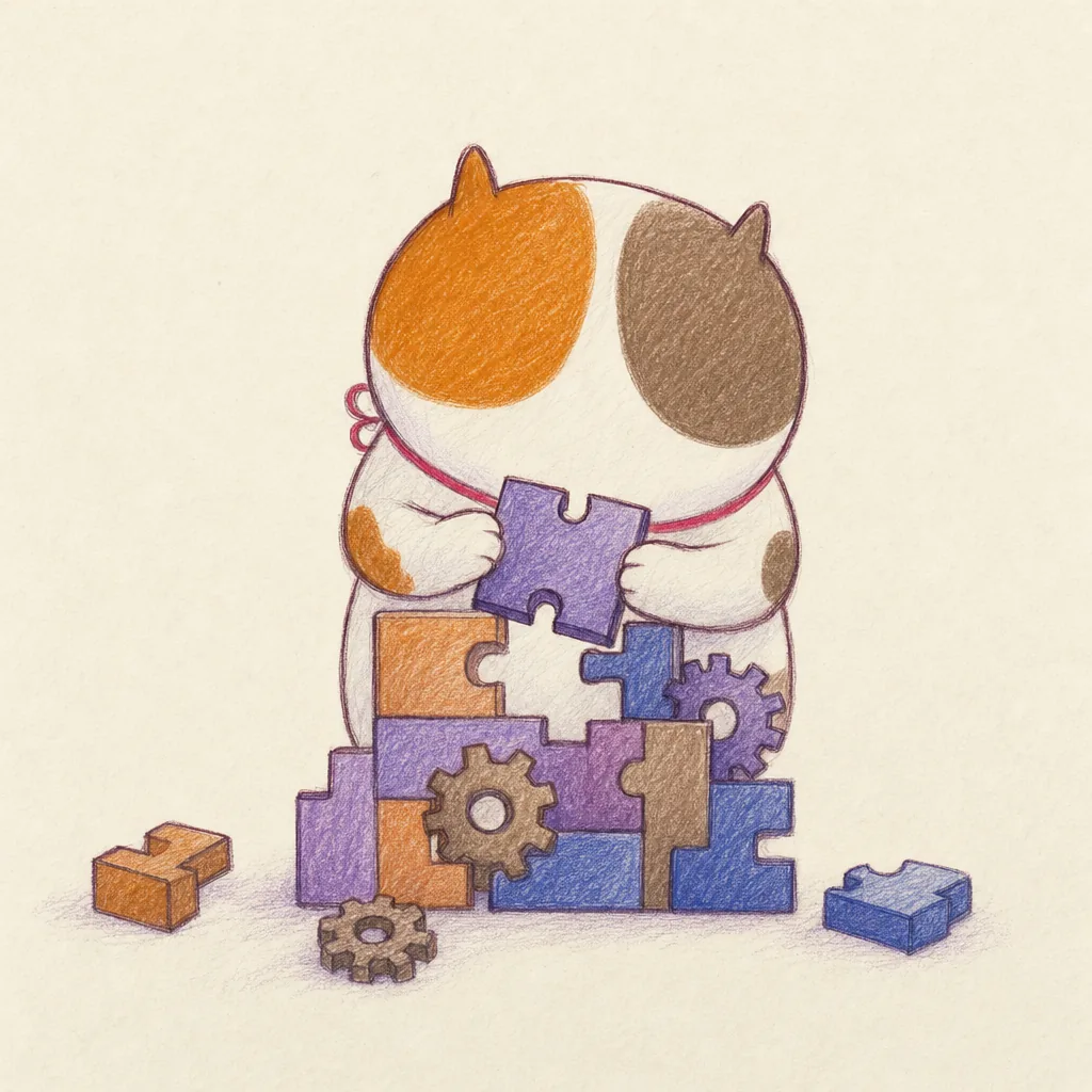 The calico cat fitting interlocking blocks and gears together.