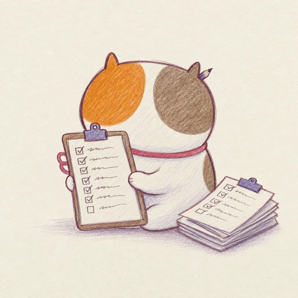 The calico cat with a clipboard checklist, most items ticked.