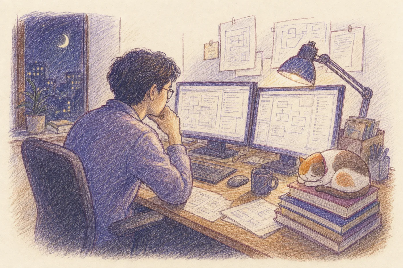 An engineer studying alone late at night in front of two monitors full of problem lists, the calico cat asleep on a stack of books.