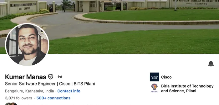 LinkedIn profile header of Kumar Manas
