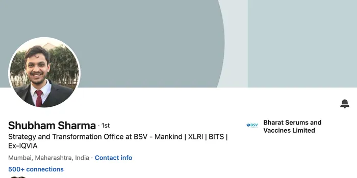 LinkedIn profile header of Shubham Sharma